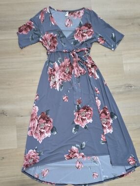 Hello MIZ Dusty Blue Gray Wrap Dress with Pink Floral Print